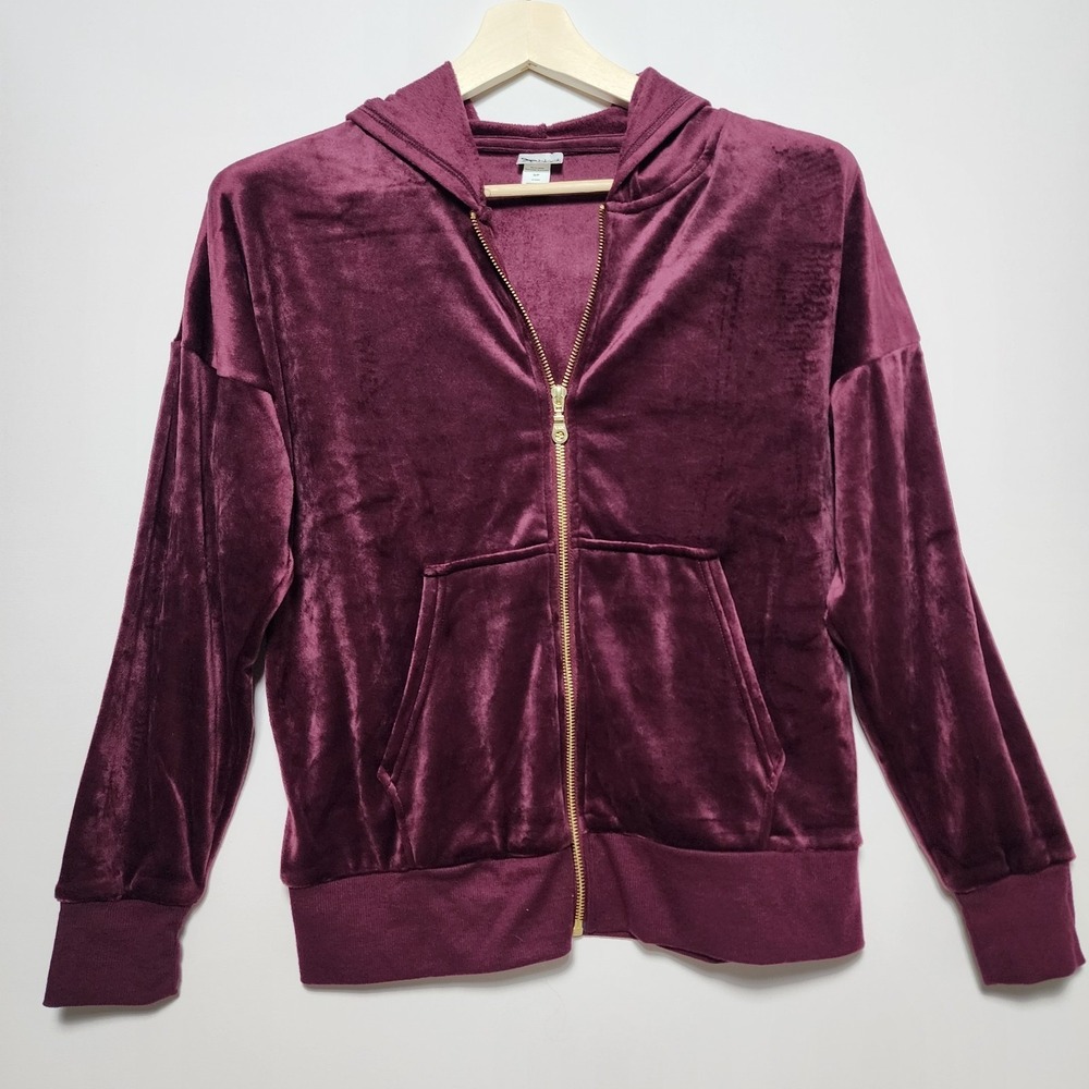 Black Bow Velour Zip Up Hoodie Plum Purple Velvet Soft Jacket Size Small